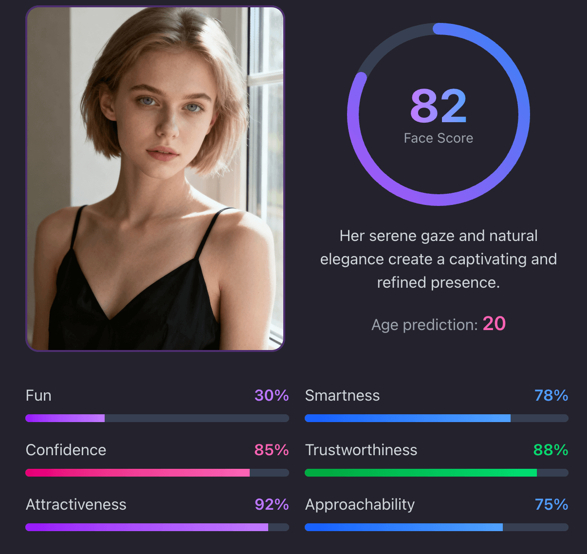 Example AI beauty analysis result for a clear front-facing photo